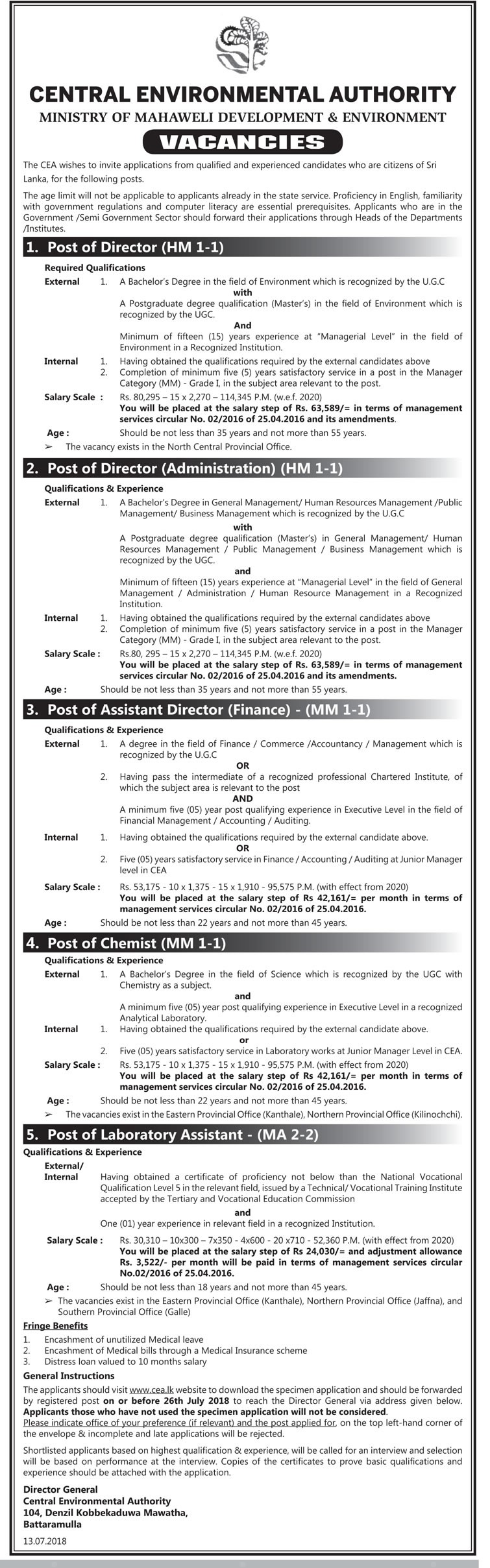 Director, Assistant Director, Chemist, Laboratory Assistant - Central Environmental Authority